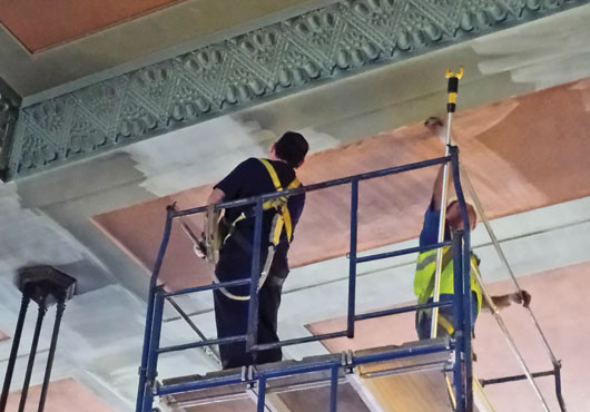 A CleanTech technician removes soot, staining and odor caused by a fire at the Brooklyn High School of the Arts in Brooklyn, NY.